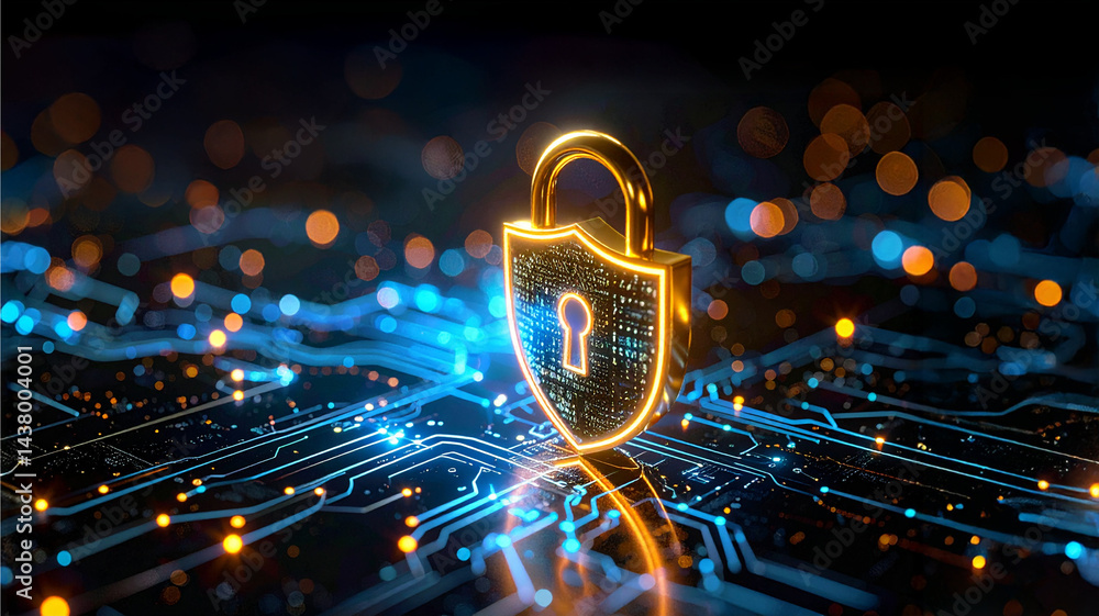 Poster an illuminated lock symbolizing security and protection. digital security concept featuring a glowin