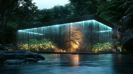 A modern glass structure immersed in nature with shimmering lights. Perfect for a serene meditation space or a unique art installation. Creates an immersive experience.