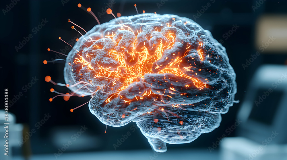 Poster an illuminated brain depiction. suggests neural activity with a glowing central network. it could be