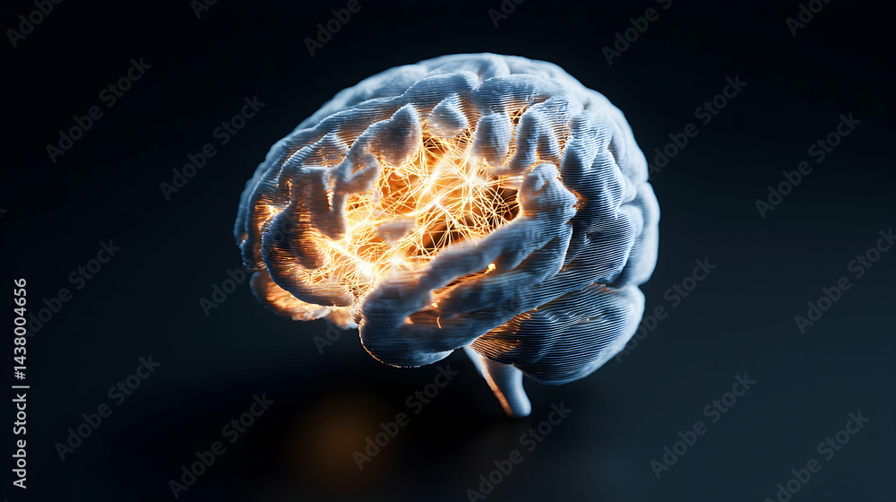 Aufkleber an artistic rendering of a brain with glowing internal activity. suggests cognitive processes and th