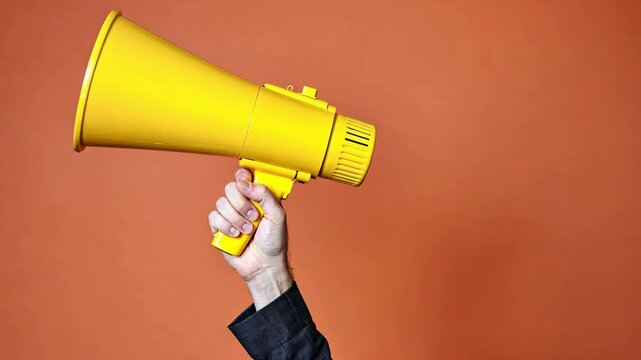Bold Yellow Megaphone Held High Signifying Communication and Expression Against a Warm Background