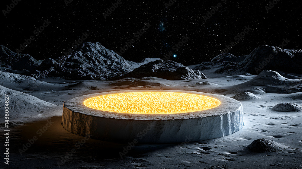 Poster mysterious structure glows brightly on a desolate moon landscape. perhaps a portal or energy source 