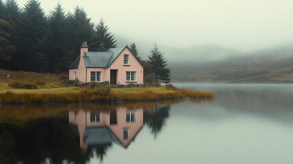Obraz premium serene pink cottage by misty loch in Scottish Highlands, surrounded by trees and reflections
