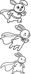 Fototapeta premium Illustration of bunnies line art, wearing a super hero cape