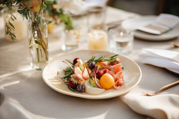 Gourmet wedding appetizer plate with fresh seasonal ingredients, beige linen tablecloth, natural warm daylight, sophisticated styling
