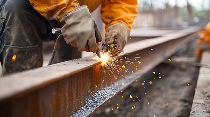 Worker Welding Metal Beam at Construction Site