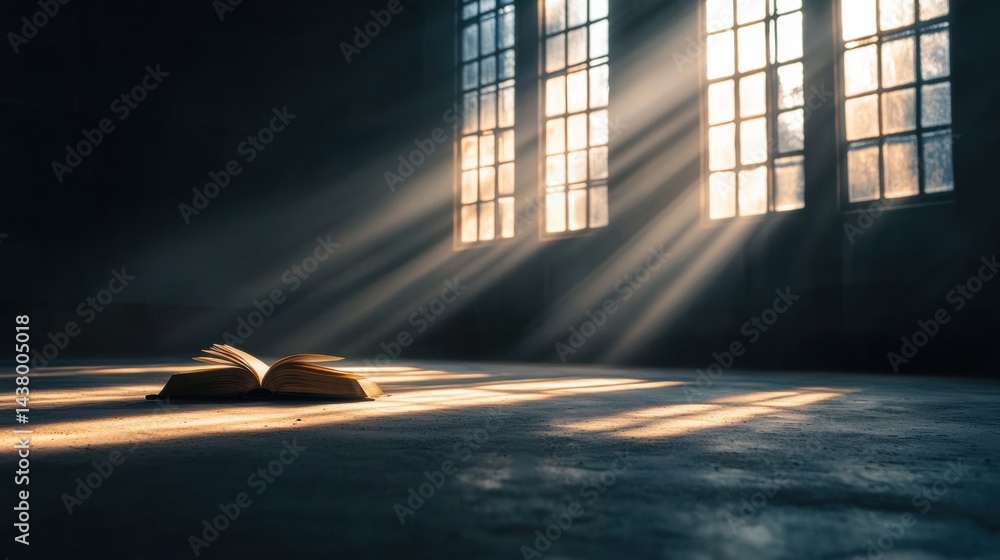 Poster a book with open pages sits on a concrete floor, bathed in sunlight streaming through a large window