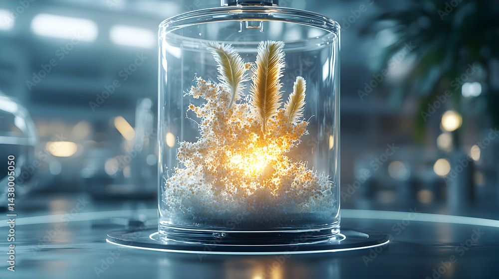 Poster a futuristic glowing biological experiment in a glass jar. ideal for illustrating concepts of advanc