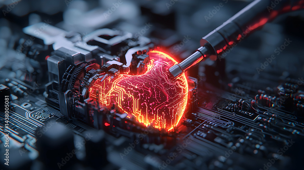 Aufkleber a futuristic depiction of a glowing heart-shaped circuit board being worked on by a tool. this could