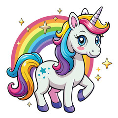 Cute Unicorn hand draw Cartoon vector with rainbow mane and tail. Beautiful Unicorn Cartoon Vector on Background.