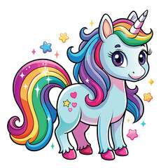Cute Unicorn hand draw Cartoon vector with rainbow mane and tail. Beautiful Unicorn Cartoon Vector on Background.