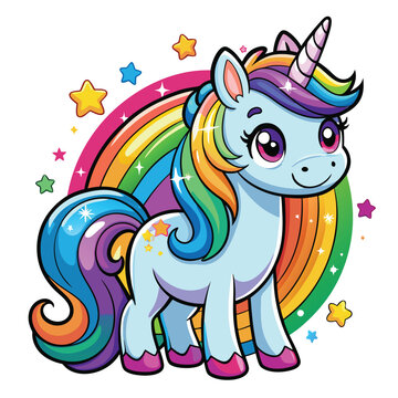 Cute Unicorn hand draw Cartoon vector with rainbow mane and tail. Beautiful Unicorn Cartoon Vector on Background.