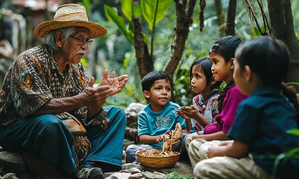 Elderly storyteller engaging with children in a lush forest, sharing cultural tales and traditions