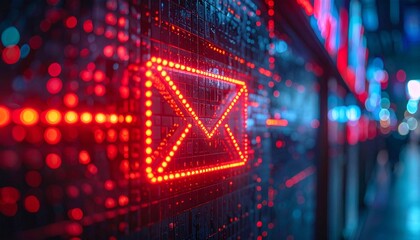 glowing digital email icon on a futuristic background with data streams. The image depicts the modern concept of digital communication.