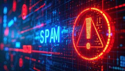 A digital warning sign with the word "SPAM" illuminated prominently. The image conveys a sense of technological vigilance and alert