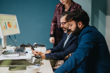 Fototapeta premium Professionals working together in an office, analyzing data using a smart phone and computer.