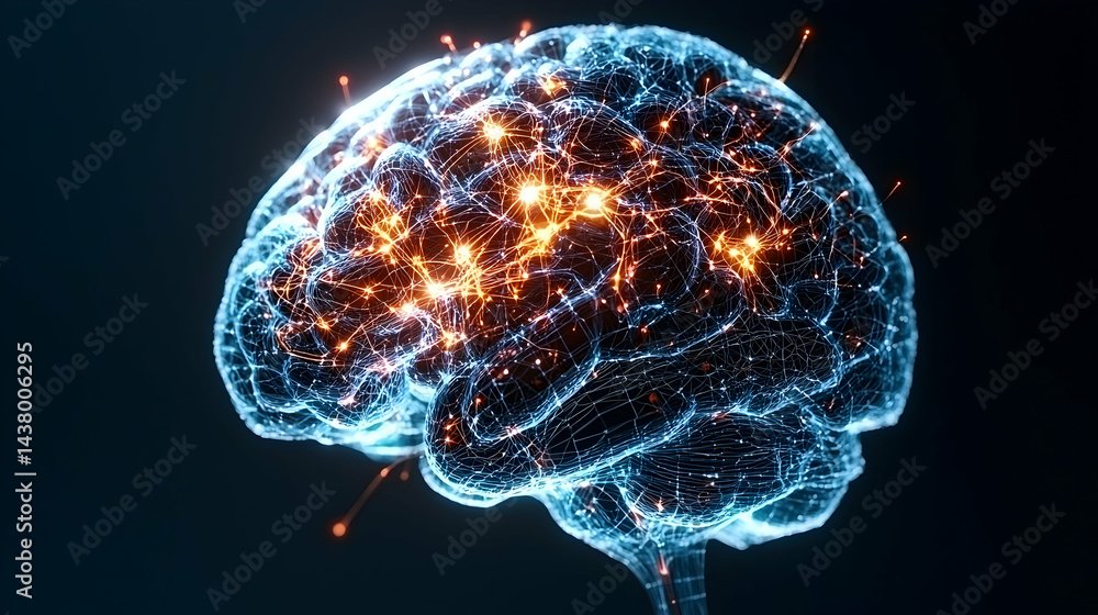 Poster this image displays a glowing brain visualization. perfect for illustrating concepts of intelligence