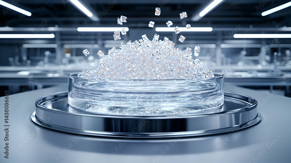 Poster a futuristic laboratory setting with crystal structures inside a glass container. suggests advanced 