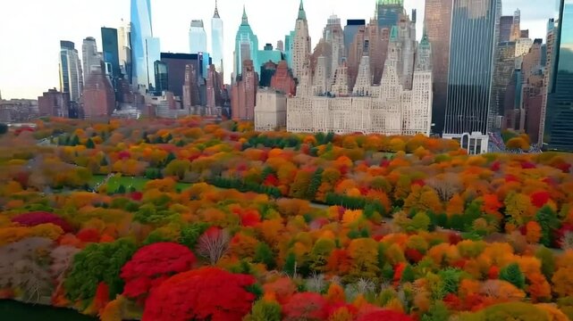 A stunning drone shot capturing the vibrant fall foliage of Central Park, contrasting against the towering skyscrapers.
