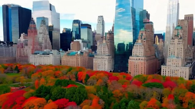 A stunning drone shot capturing the vibrant fall foliage of Central Park, contrasting against the towering skyscrapers.
