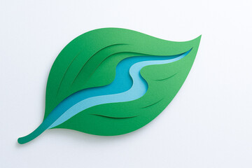 Green paper cut leaf with blue river path symbolizes harmony with nature