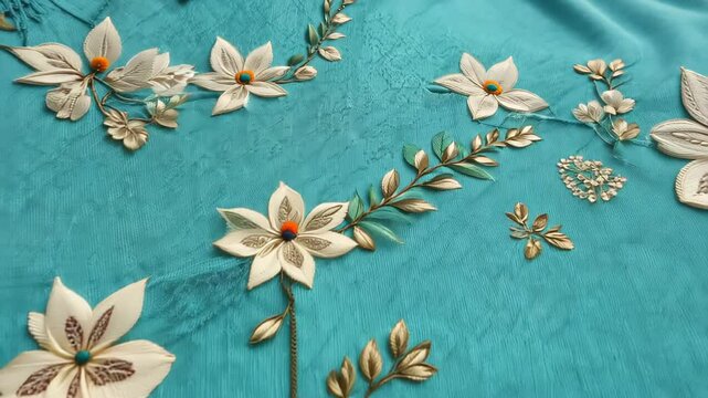 Intricate Botanical Patterns Embroidered on Turquoise Textile