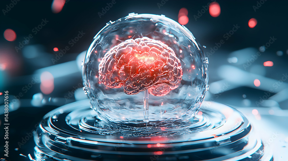 Poster an illuminated brain is encased in a transparent sphere resting on a futuristic platform. it could r