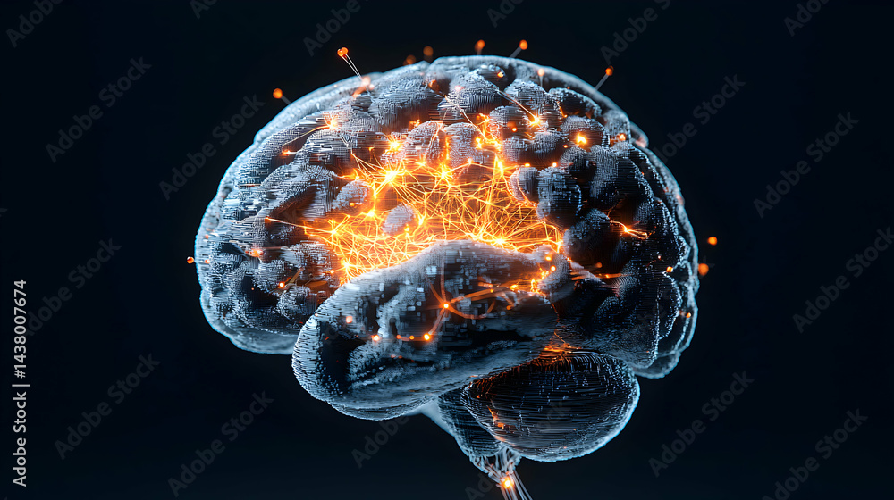 Poster a digital brain illustration with glowing neural pathways. use for educational content or tech-relat