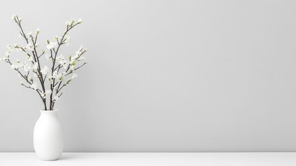 A white ceramic vase with delicate blossoming branches on a minimalist white surface against a soft grey wall, and elegant and serene interior decor concept.