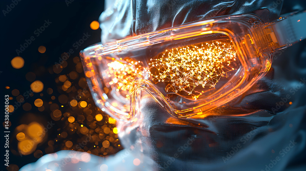 Poster image depicts futuristic goggles glowing with data visualization. suggests ar or vr technology analy
