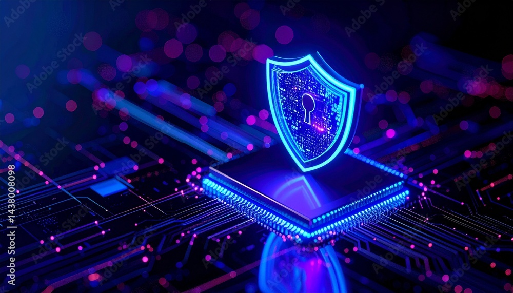 Poster a glowing blue digital shield sits on a computer chip, a symbol of online security and data protecti