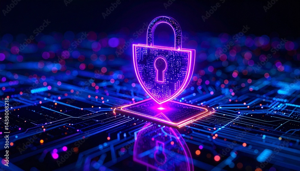 Poster a digital padlock glowing brightly on a computer circuit board, symbolizing protection and security