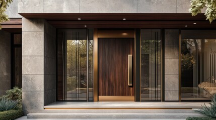Elegant wooden door entrance to a house in modern style, for architectural design