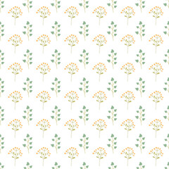 Seamless Pattern With Yellow Bud Flowers and Green Leaves on White Background
