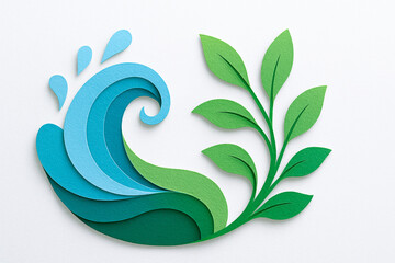 Vibrant paper art design features stylized wave and leaves, symbolizing nature and water harmony