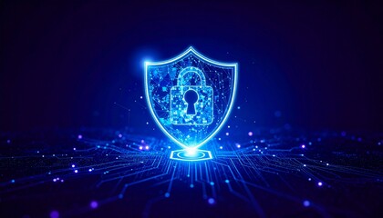 cybersecurity concept with a glowing shield icon in front of a dark blue background. The shield features a lock, symbolizing data protection and digital safety