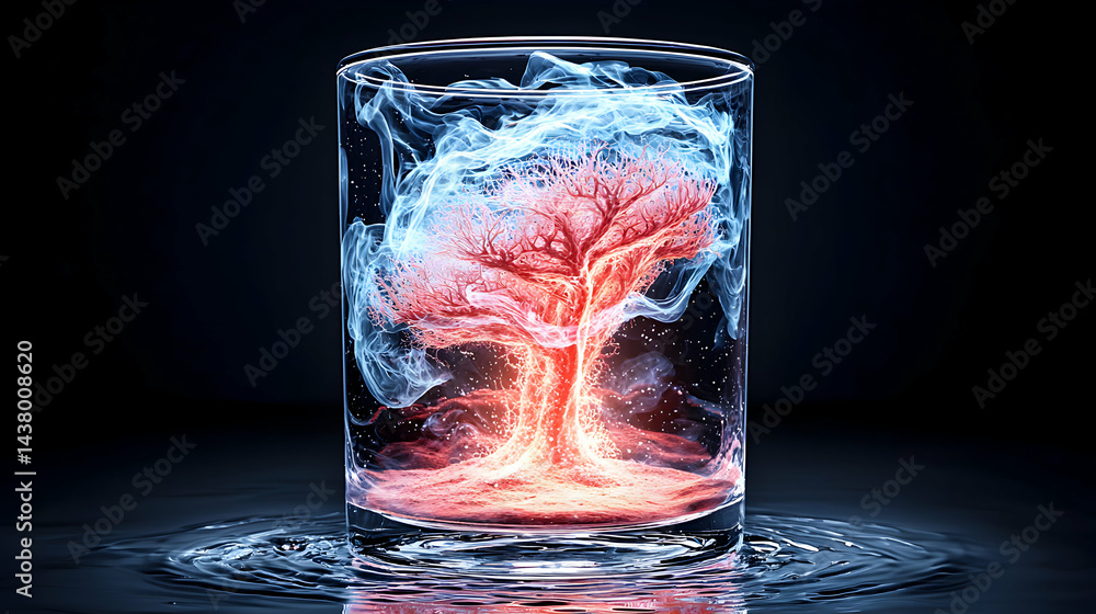 Poster an artistic rendering of a tree-like structure within a glass. the image uses vibrant colors and smo