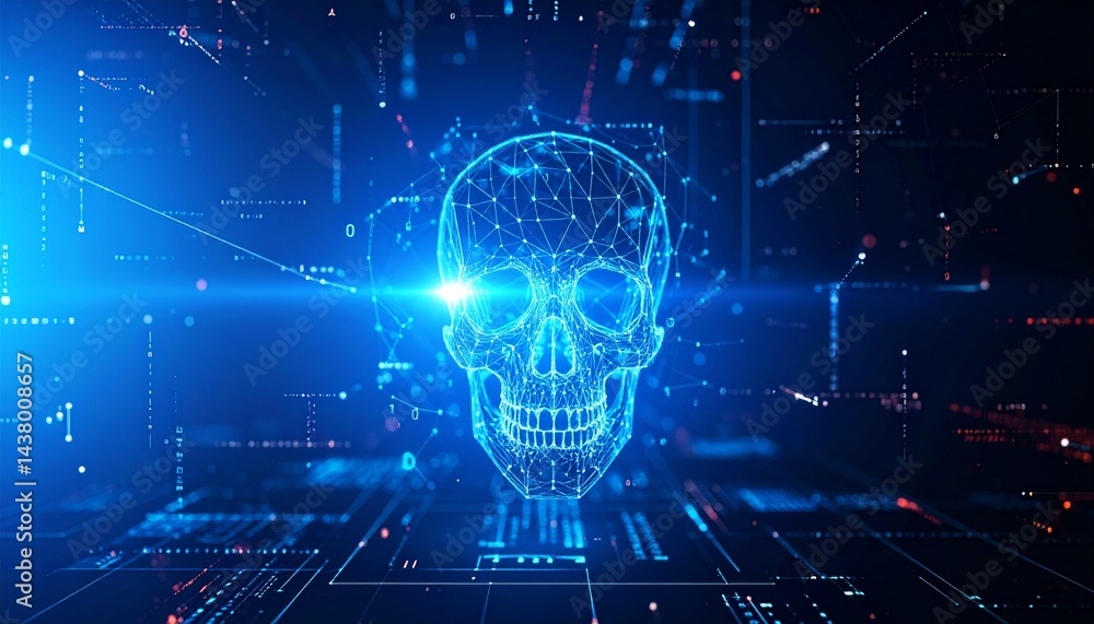 Poster a digital skull is at the center of the image, radiating a menacing glow. the skull is composed of i