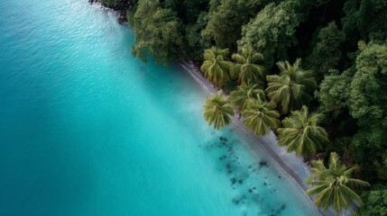 High-angle aerial view reveals a beautiful crescent-shaped shoreline, vibrant coconut trees, and serene aquamarine shallows under clear skies