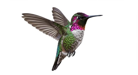 Obraz premium A colorful hummingbird in flight with its wings spread against a white background in a close up view