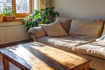 Cozy living room with a light beige sofa, wooden coffee table, and houseplants by a sunny window