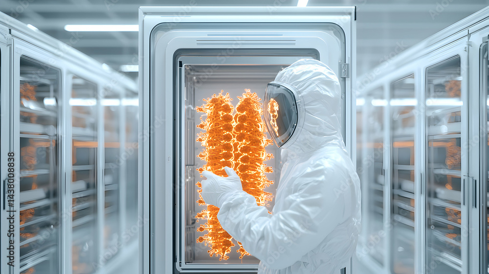 Poster a scientist in a hazmat suit examines a glowing viral structure in a lab. this image could be used f