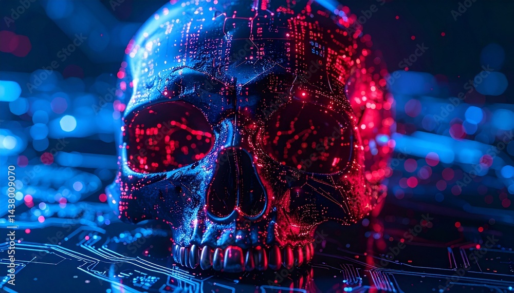 Poster digital skull, representing the potential dangers and complexity of technology in a futuristic and a