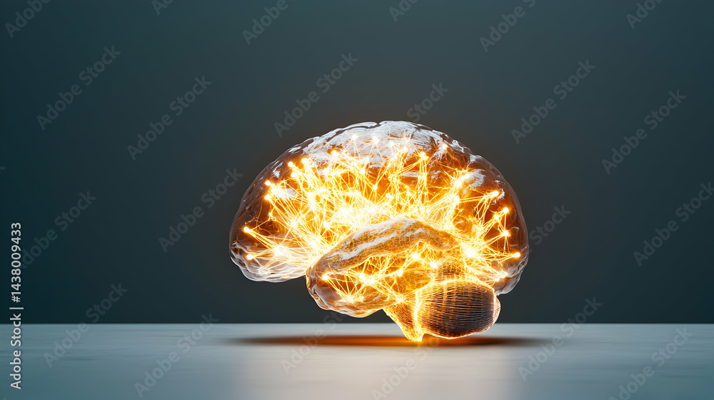 Poster a glowing brain with neural connections is depicted. ideal for science technology health or educatio