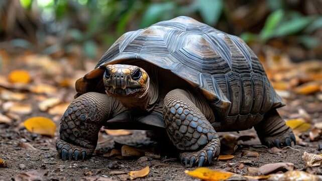 A detailed shot shows a Galapagos tortoise navigating its environment with its large, textured shell, offering a glimpse into the life of this ancient reptile.