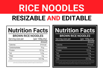 Obraz premium Brown Rice Noodles Nutrition Facts Label Editable Template