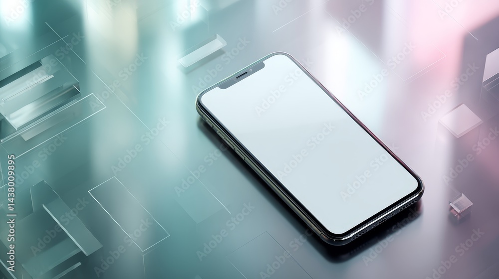 Poster Generic smartphone with a blank white screen rests on a dynamic gradient background featuring abstract geometric shapes and circuit patterns