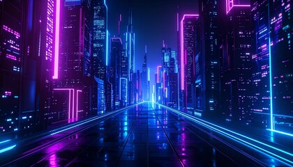 a futuristic city at night, illuminated by neon lights, offering a glimpse into the cityscape's vibrant atmosphere 