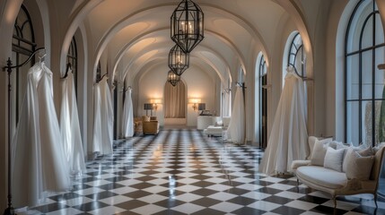 Wedding gowns displayed in elegant hallway for sale, interior design marketing