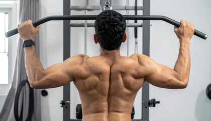 a muscular man working out on a lat pulldown machine in a gym. He is shirtless and has a determined expression on his face, demonstrating focus and strength
